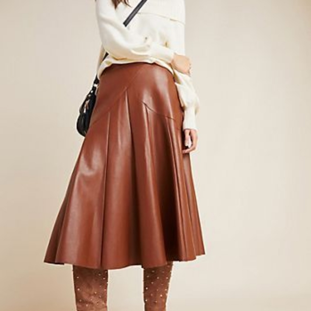 Maeve Faux Leather Brown Midi Skirt